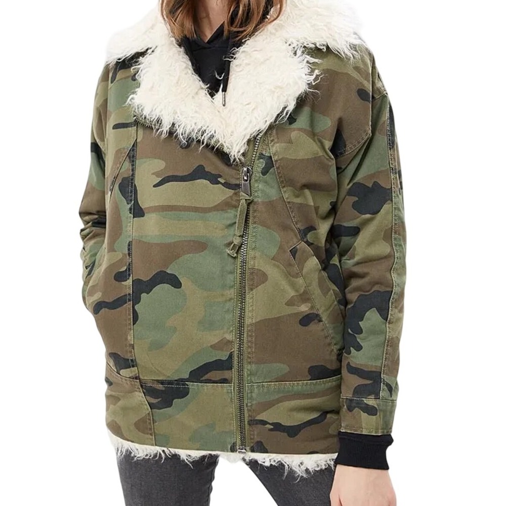 TOPSHOP Camo Faux Fur Lined Aviator Canvas Bomber Army Jacket Women's Sz US4 EUC